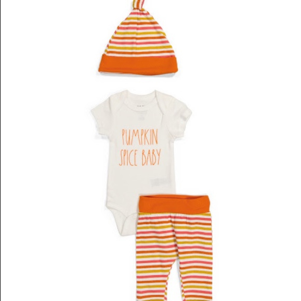 Rae Dunn Pumpkin Spice Baby Pant Set With Hat Sz 0-3M